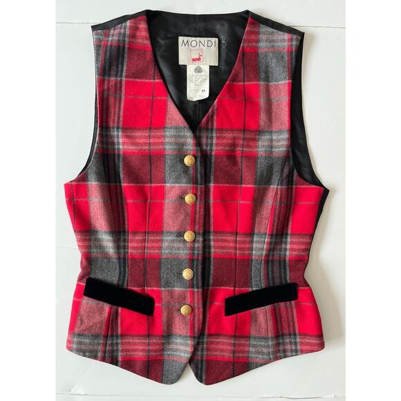 Mondi VTG Wool Plaid Vest Women 34 (US 4) Red Black Velvet Detail Fitted Holiday - Picture 1 of 8